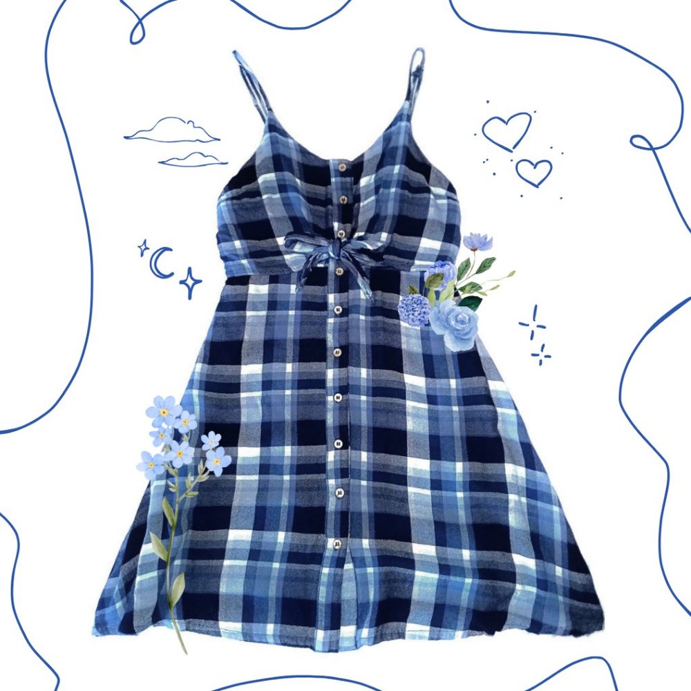 Women's Blue Plaid Button Down Sleevless Front Tie Dress